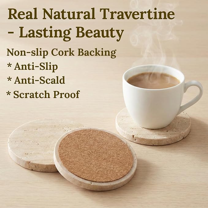Travertine Stone Coasters, Round 4", Set of 4 | Drink Coasters, Housewarming Desktop Protection, Suitable for Various Cups, Sturdy and Durable, Aesthetics