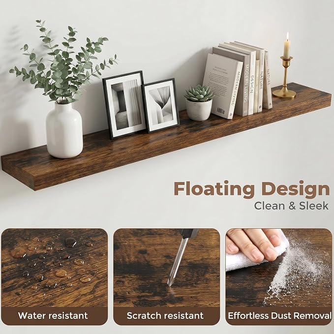 55 Inch Floating Shelves for Wall, 8"D Wood Storage Shelves, Brown Finish | Engineered Wood, Invisible Bracket, Large Storage, Easy Install, Hold Up to 88lbs, Living Room, Bathroom, Bedroom, Kitchen