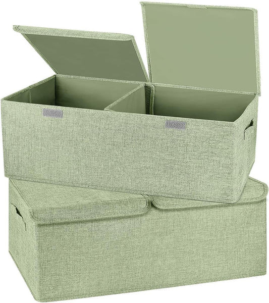 2 Pack Storage Boxes with Lids and Handles, Collapsible Linen Storage Bins Organizer Containers Baskets Cube with Removable Divider for Home Bedroom Closet Office (Green, Small)
