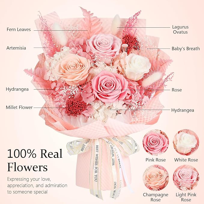 Preserved Flowers Bouquet 4 Roses - Pink Roses & Flowers for Delivery, Long-Lasting Real Roses Forever, Mothers Day Gifts for Mom Grandma Wife, Anniversary Birthday Gifts for Women
