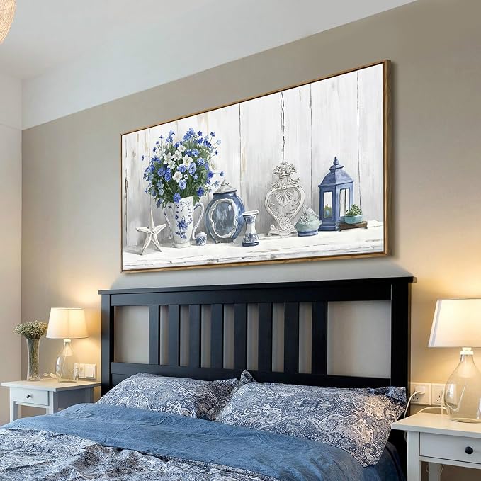 Nicetop Large Framed Artwork for Walls – Coastal Rustic Farmhouse Art Prints Blue and White Floral Canvas Art Vintage Country Shabby Chic Wall Picture for Living Room Bedroom Kitchen Dining 48x24 Inch