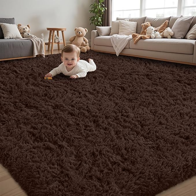 8x10 Area Rug for Living Room:Ultra Soft Fluffy Shag Brown Rugs,Large Fuzzy Plush Indoor Non Slip Carpet Washable Rug for Bedroom Kids Nursery Office Dorm Modern Decor(Brown 8'x10')