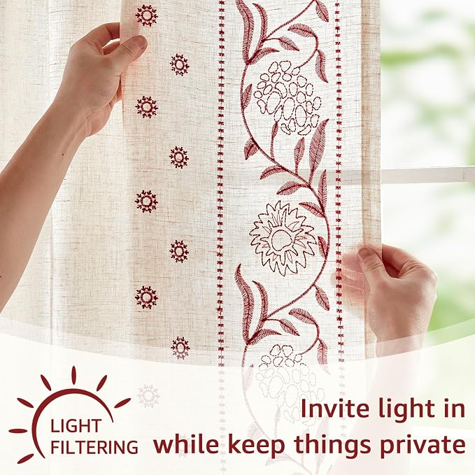 jinchan Winslow Linen Curtains for Bedroom 108 Inches Length Embroidered Bordered Floral Curtains for Living Room Farmhouse Decor Light Filtering Window Treatments Red on Beige Drapes 2 Panels