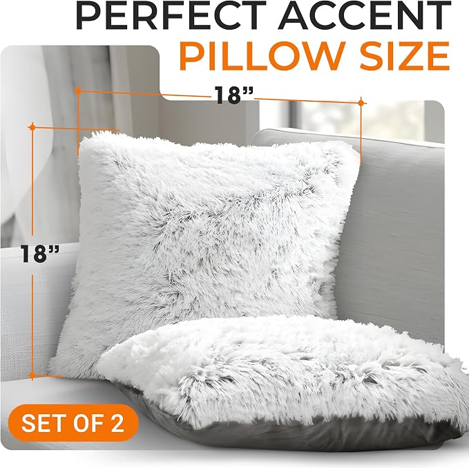 Cheer Collection Throw Pillows for Couch and Bed, Soft Shaggy Throw Pillows with Inserts Included, Cozy Long Hair Faux Fur Pillows - Set of 2-18" x 18" - Gray
