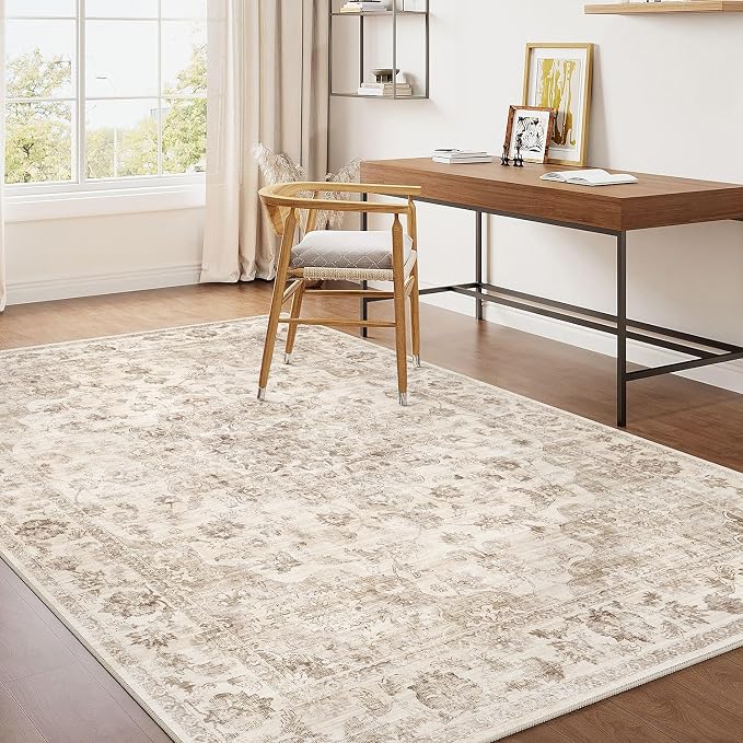4x5 Washable Neutral Area Rug Beige Vintage Entryway Office Carpet Non-Slip Soft Low Pile Farmhouse Indoor Throw Rug for Living Room Bathroom Dining Room