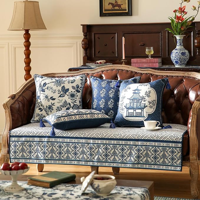 bilin gaier Designer Vintage Linen Throw Pillow Cover,18"x18"-Suqing A | Elegant Square Pillow Cover,Concealed Zipper Design,Blue Floral Pattern,Sofa,Bedroom,Living Room,Lounge Chair