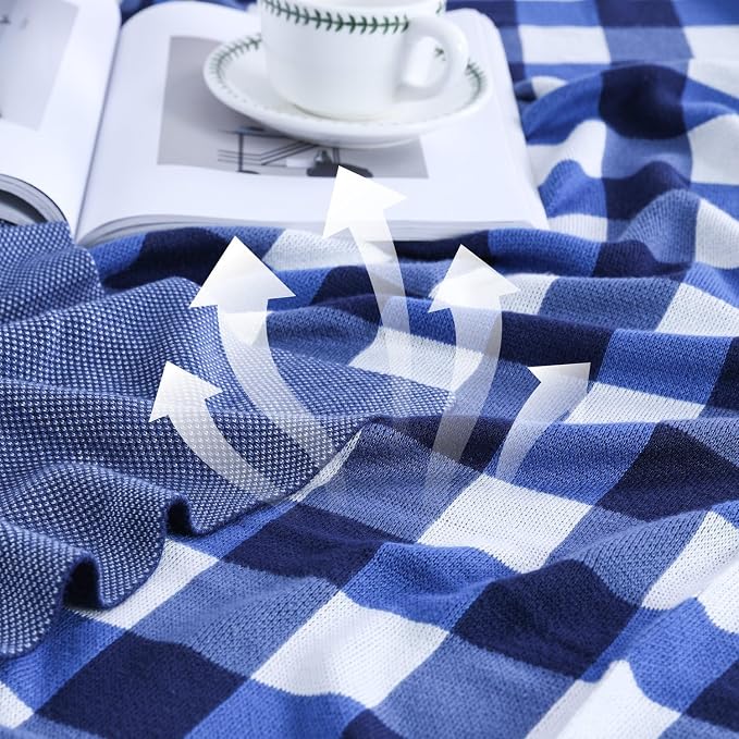 BOV Knit Checkered Throw Blanket - 100% Viscose Silky Super Soft Breathable Lightweight Decorative Throw Blanket for Chair Couch Sofa, Perfect Self Care Gifts for Women & Men, Cobalt Blue 50"x60"
