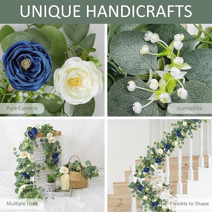 TOCHGREEN 2 Pack 13Ft Artificial Eucalyptus Flower Garland with White and Blue Roses, Fake Rose Flower Greenery Garland Floral Vines for Wedding Home Party Table Runner Decor (Blue White, 2PCS)