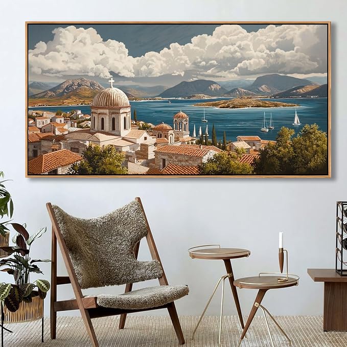 YDYSUNE Large Wall Art Framed Costal Wall Decor Retro Ocean Canvas Decor Sailboat Painting Village Seascape Artwork for Living Room Bedroom Dining Decoration Size 29x58 Inches