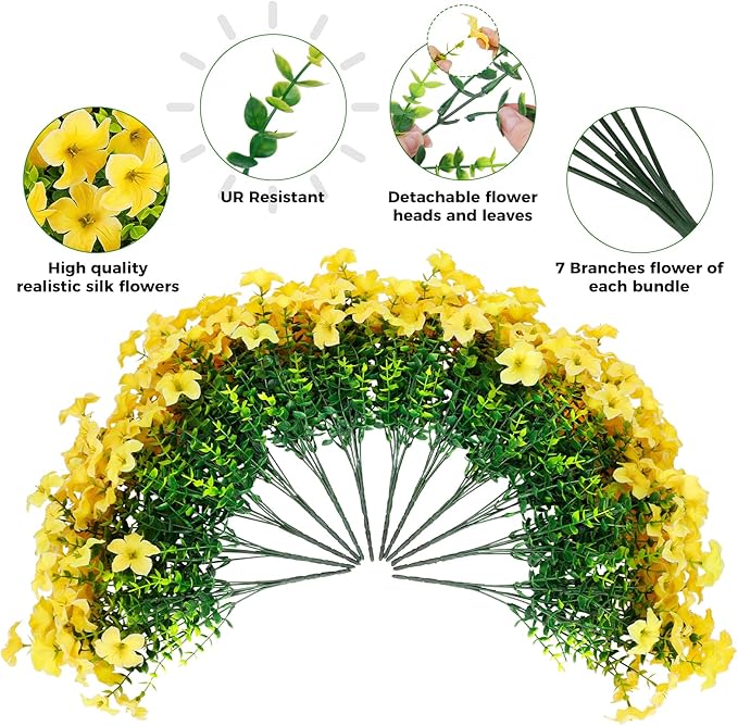20 Bundles Artificial Petunias Flowers for Outdoors, Faux Silk Flowers UV Resistant Realistic Fake Plants for Outside Planters Porch Patio Yard Garden Spring Summer Home Decor, Yellow