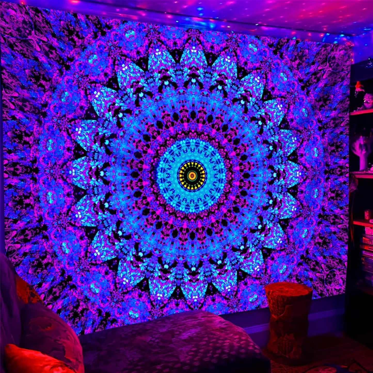 Blacklight Mandala Boho Tapestry, Black Light Bohemian Hippie Poster for Adults and Teens, UV Reactive Aesthetic Wall Art Decor for Bedroom (90 x 70 Inches)