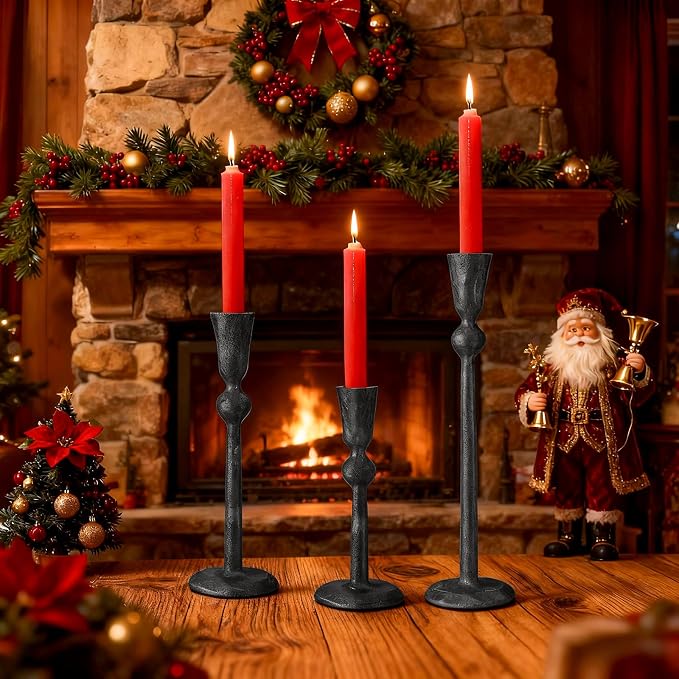 Set of 3 Antique Black Taper Candle Holders Cast Iron Candlestick Holder for Table Centerpieces Wedding Holiday Decor Vintage Decorative Candelabra Style Candle Stick Stand