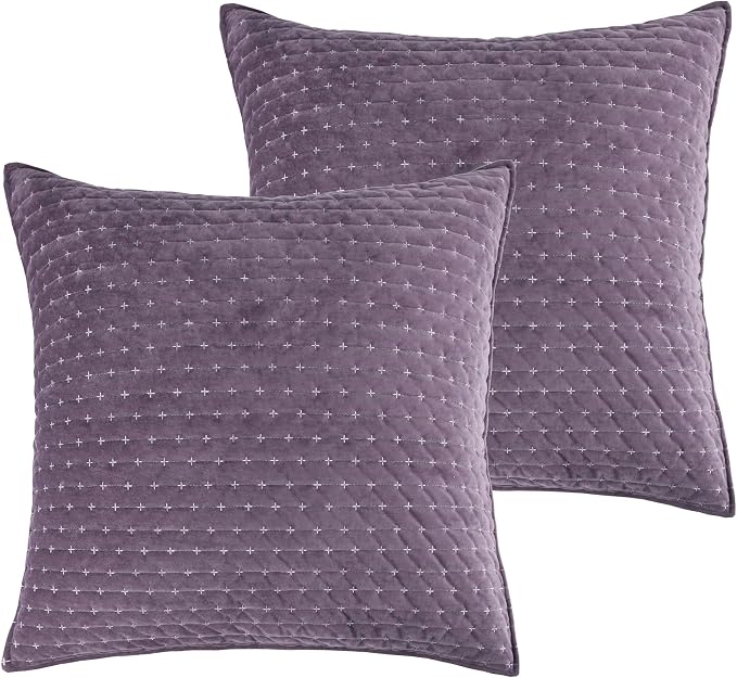 Levtex Home - Velvet Stitch - Euro Sham Set of 2 - Cross Stitch - Plum and White - (26x26in.), No Insert - Reversible - Polyester