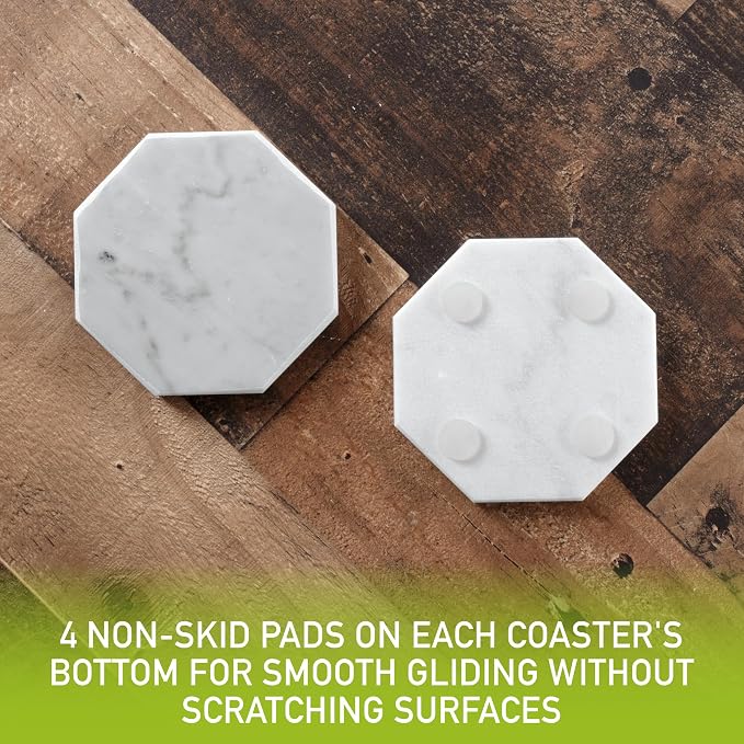 White Carrara Marble Coasters (Set of 5)- Durable, Thick Coasters w Coaster Holder for Easy Storage - Protects Any Table Type & Fits Any Mug, Drinking Glass, Barware -Great Wedding