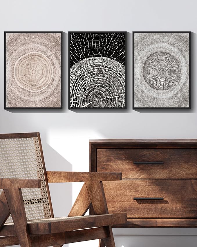 PHOPAGO Vintage Wood Tree Rings Wall Art Farmhouse Rustic Framed Canvas Paintings Living Room Bedroom Decor Nature Artwork 11x14in Black Framed