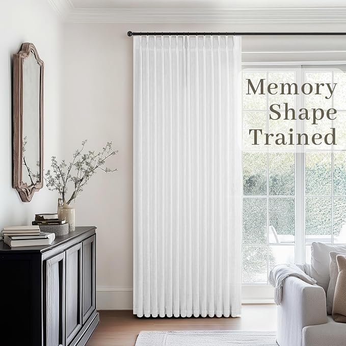 Custom Made Rustic Pinch Pleated Linen Curtains 105 Inches Long for Living Room Bedroom Netural Textured Linen Back Tab Pure White Memory Trained Pleat Drapes Ceiling Floor Semi Sheer Sliding Door