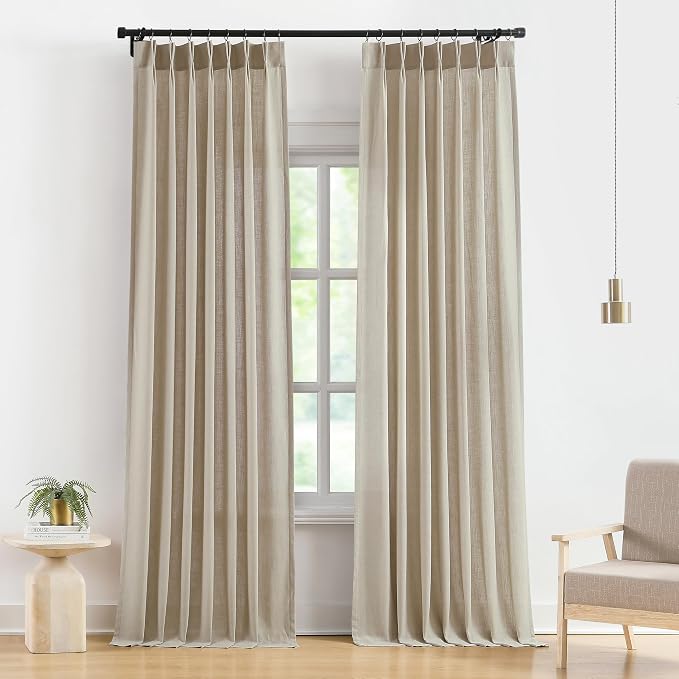 Vision Home Sand Pinch Pleat Light Filtering Curtains with Microfiber Liner 108 inch Linen Blended Textured Privacy Drapes for Living Room Bedroom Back Tabs with Hooks 2 Panels 40"Wx108"L,Camel Beige