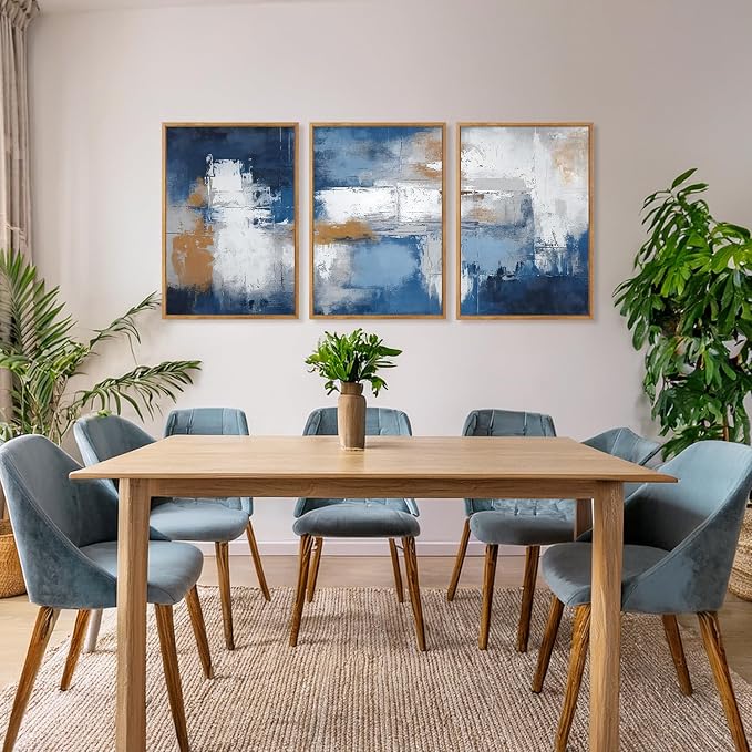 HOURIA 3Pcs Large Abstract Navy Blue Framed Canvas Wall Art Set(16"x24"),Minimalist Modern Blue Grey White Wall Decor,Neutral Blue Toned Color Block Shapse Art Print for Living Room Bedroom Office