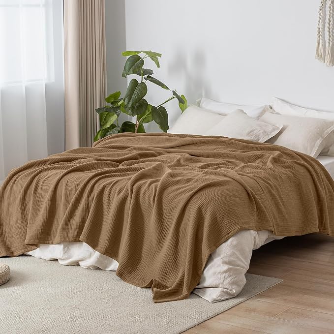 PHF 100% Cotton Muslin Blanket King Size 108"x90", 4-Layer Lightweight Gauze Throw, Breathable Cloud-Soft Minimalist Blanket for Bed, Couch, Camping & Baby, Coco Brown, Ideal Gift