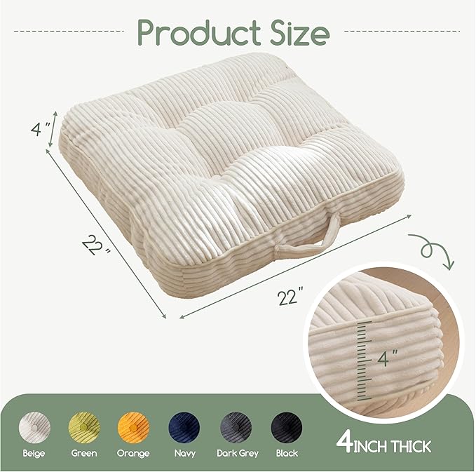 HIGOGOGO Floor Pillow Cushion for Adults, Meditation Cushion Pillow, Large Square Floor Sitting, Tufted Corduroy Cover, for Tatami Living Room or Yoga, 22x22 Inch, 2Pack, Beige