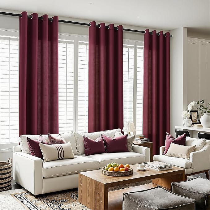 Burgundy Extra Long Grommet Linen Curtains 120 Inches Long 2 Panels For Living Room Light Filtering Semi Sheer Morden Farmhouse Rustic Decor 120 Inch Length Drapes Patio Sliding Door Office Bedroom