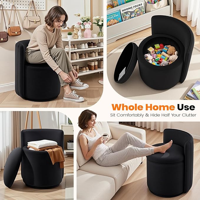 Vanity Chair with Storage, 360° Swivel Velvet Makeup Stool with Wave Backrest, Modern Round Upholstered Closet Stool, No Assembly for Bedroom, Dressing Room & Living Room, Black