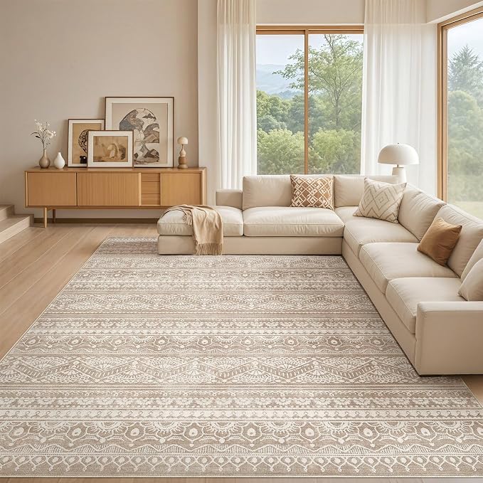 Tortania Area Rug Living Room Rugs - 10x14 Washable Large Soft Neutral Boho Moroccan Bohemian Farmhouse Rug Indoor Floor Carpet for Bedroom Under Dining Table Home Office Decor - Light Brown