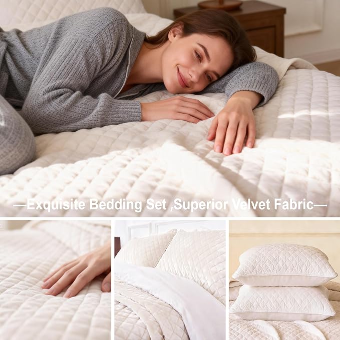 Velvet Oversized King Quilt Size Set 120x120 Luxury Ultra Soft Bedspread Coverlet 3-Piece King Comforter Sets with 2 Pillow Shams 20x36 Cozy All Seasons Velvet Bedding Set, Cream White