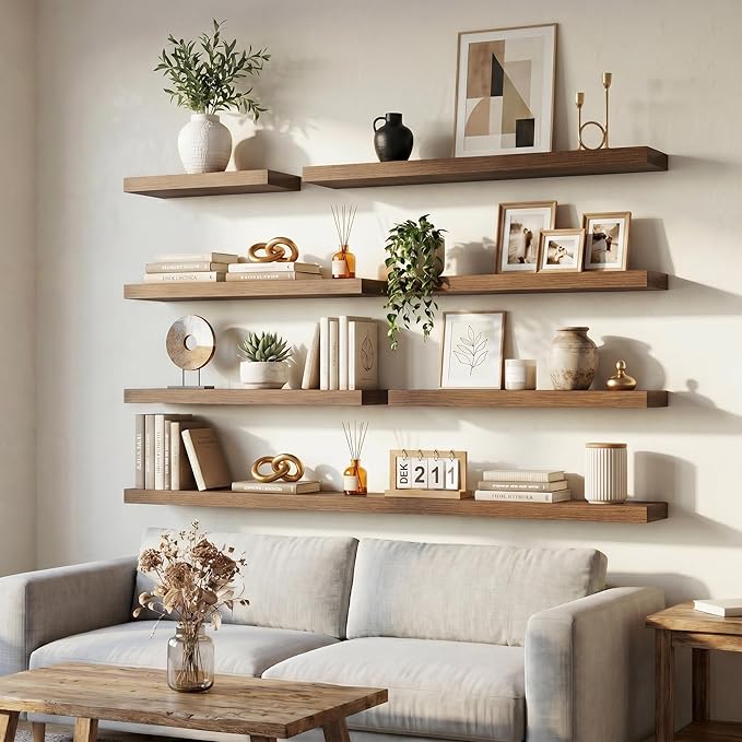 Venusmiles Floating Shelves for Wall, 72 Inch Floating Shelves Set of 1, 6.5" D Wooden Wall Mounted Display Shelves with Invisible Brackets for Living Room, Bedroom, Bathroom, Kitchen Decor, Walnut