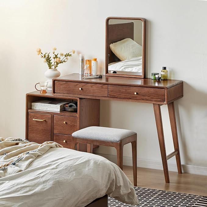 Extendable Vanity Desk with Dresser, 40 to 57 Inch Oak Makeup Table, Storage Writing Desk for Bedroom, Vanity Set for Girls and Women, No Chair