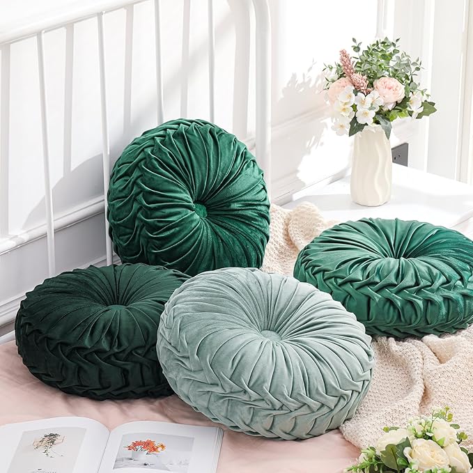 Drydiet 4 Pcs Round Throw Velvet Pillows Decorative Pleated Throw Pillows Diameter Accent Pumpkin Boho Chair Cushion for Couch Sofa Home Decoration (Sage Green,15'')