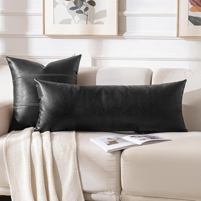 Fancy Homi Black Boho Long Lumbar Faux Leather Body Decorative Throw Pillow Cover 14x36 Inch for Bedroom Couch Bed Sofa Bench, Thick Stylish Solid Square PillowCase, Rustic Modern Farmhouse Room Decor