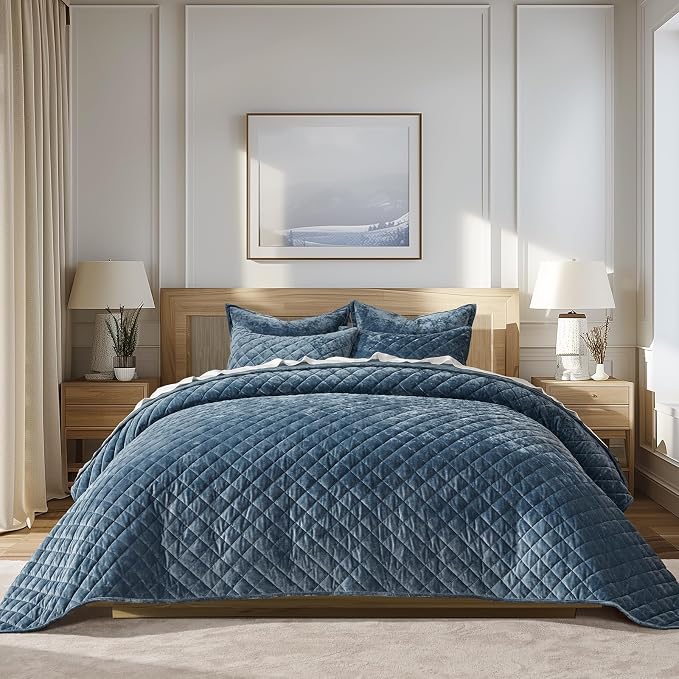 EVERGRACE Luxury Velvet Quilt Set Queen Size, Diamond Quilted Lightweight Velvet Comforter for All Season, Ultra Soft Oversized Bedspread Coverlet Bedding Set with 2 Pillow Shams, Stormy Blue | Luxe Velvet