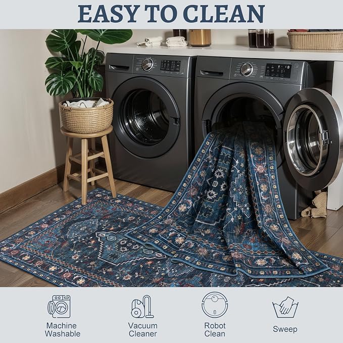 Tangsoo Vintage 4X6 Washable Area Rug, Blue Oriental Indoor for Living Room, Non Slip Machine Washable Large Tumble Rugs, Soft Print Carpet for Bedroom Dining Room Dorm Office Home Decor