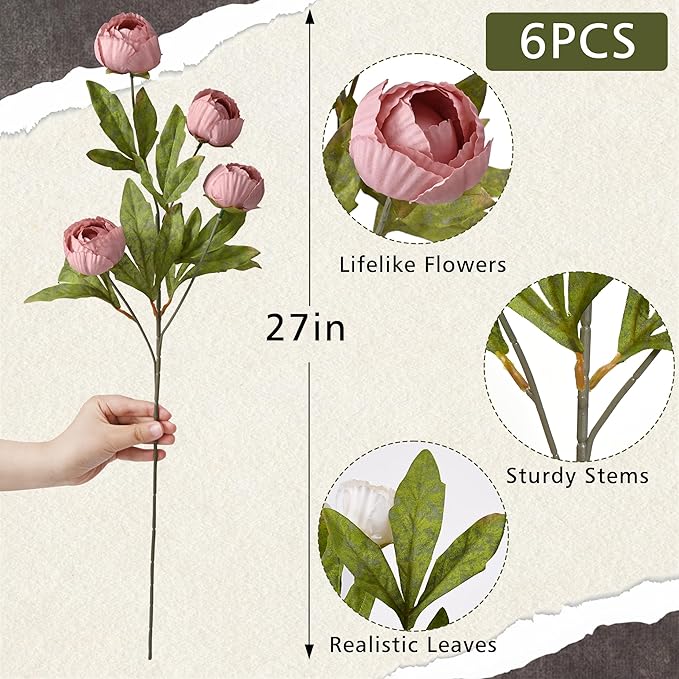 Waipfaru 6 Pcs Faux Peonies Artificial Flowers for Vase, 27" Fake Silk Peonies Flowers for Wedding, Vase Filler Flowers for DIY Bouquets Centerpieces Bridal Shower Office Decor- Mixing