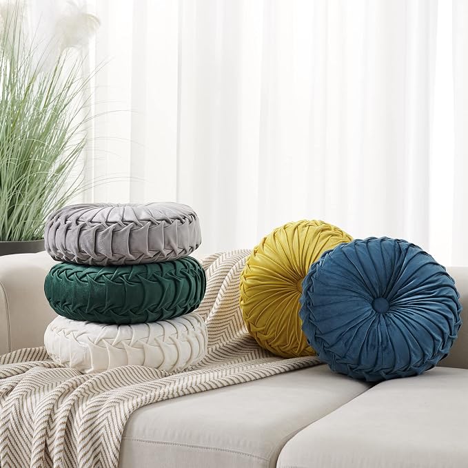 MOJUN Velvet Throw Pillow - Round, Pleated, Filled - Home Decorative Pillow for Couch, Chair, Bed, Car, Floor (White, 14inch)