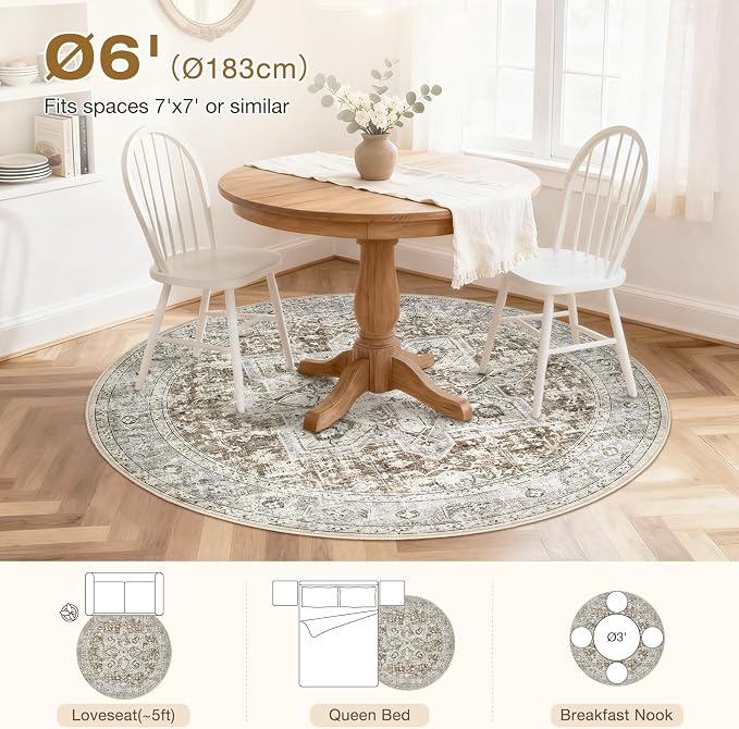Tortania 6' Round Area Rug Living Room Rugs - Washable Boho Rug Vintage Oriental Distressed Farmhouse Large Thin Indoor Carpet for Bedroom Under Dining Table Home Office - Brown Blue