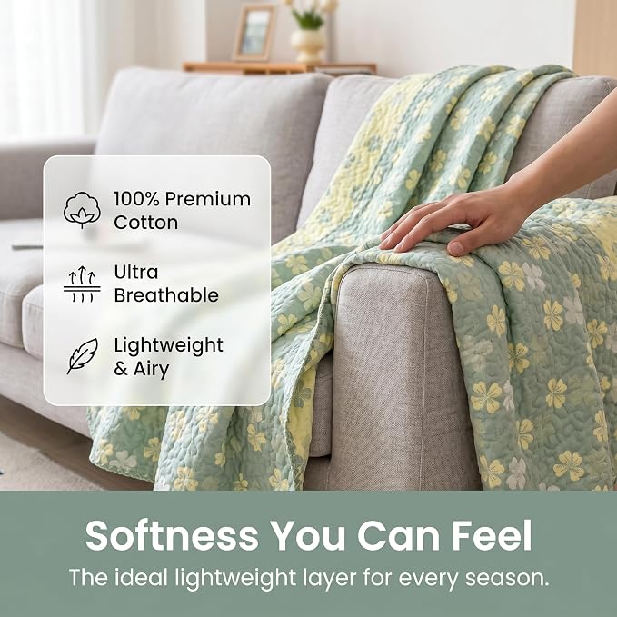 NIDITW Checkerboard Cotton Muslin Throw Blanket for Couch 6-Layer Checkered Gauze Blanket Soft Breathable All Season for Couch Bed Sofa (Four-Leaf Clover, Twin)