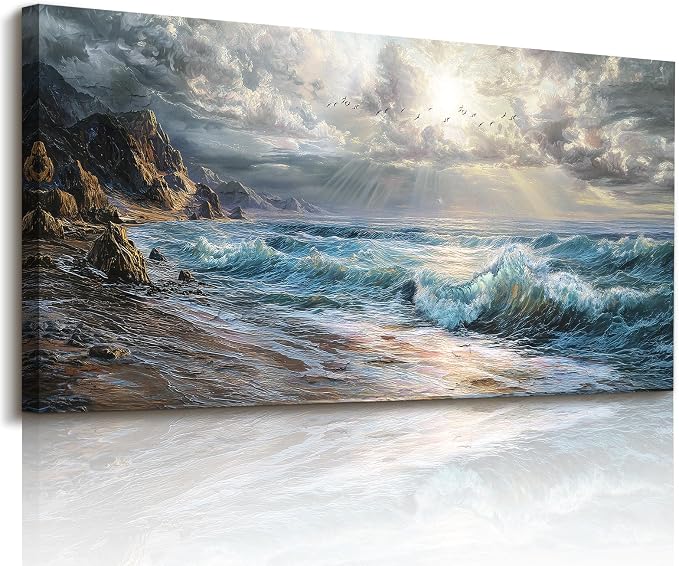 imjiayu Extra Large Wall Art, Beach Wall Art, Coastal Wall Decor, Ocean Wave Pictures Artwork, Modern Seascape Prints, Nature Big Paintings for Living Room Bedroom Dining Room Home Office Hotel 29"x57"
