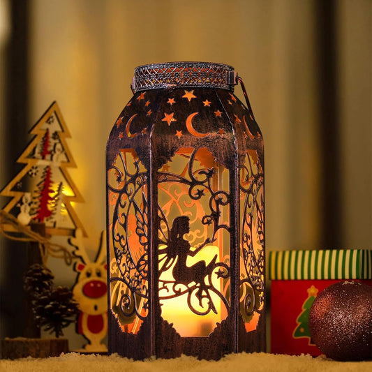 Solar Lanterns Outdoor Hanging Metal Bronze Moon Fairy Lantern, 1 Pack Waterproof Flickering Flameless Candle Mission Lights for Table,Pathway,Garden Gifts for Women, Mothers' Day Gift