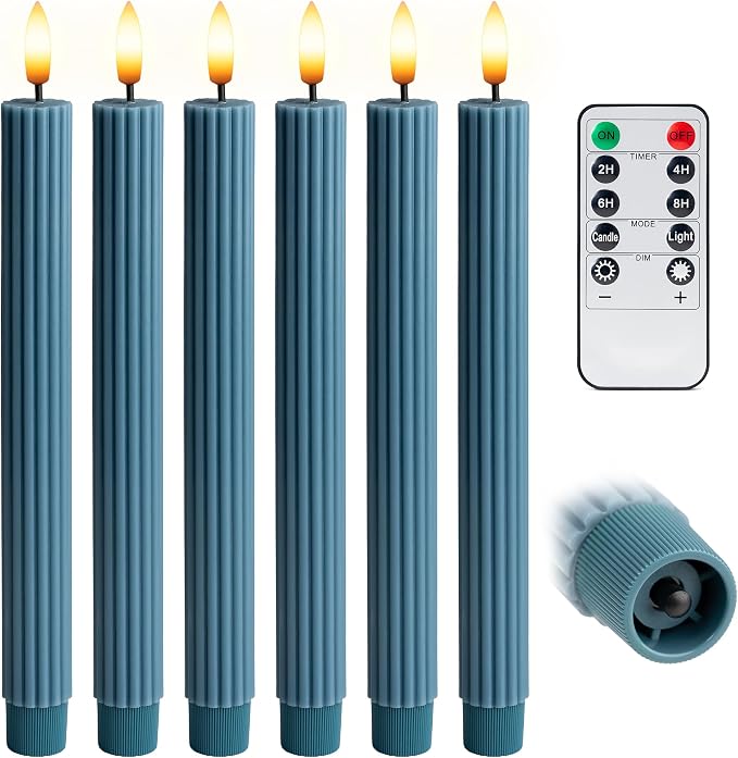 6 Pack, 10" LED Flameless Real Wax Blue Fluted Ribbed Grooved Taper Candles, Remote & 24h Timer Memory, On/Off Button, Dimmable, Flicker Mode, Battery Operated, Wedding