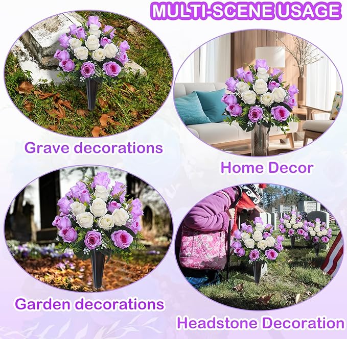 Lodou Set of 2 Artificial Cemetery Flowers, Memorial Flowers Bouquet,Grave Memorial Flowers with Vase for Cemetery Headstones Decoration (Purple White)