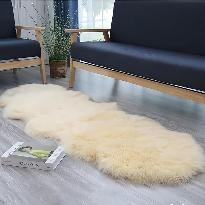 Faux Fur Sheepskin Runner Rug Beige 2x6 ft Ultra Soft Shaggy Plush Fluffy Fuzzy Area Carpet Decorative Chair Cover Floor Mat for Bedroom Sofa Living Room Bedside