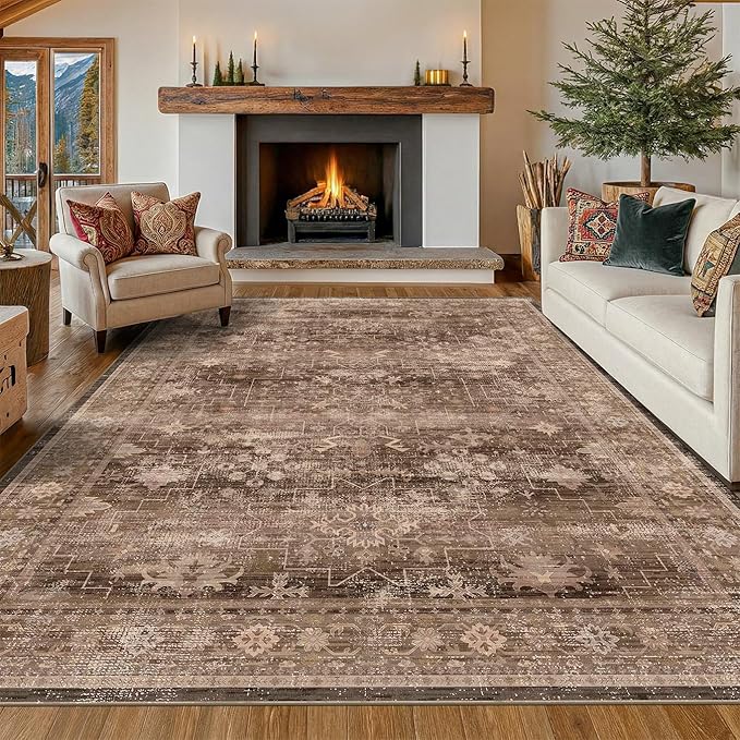 Hazo Haus Boho Taupe Living Room Rug 7x10 -Vintage Traditional Oriental Neutral Brown, Washable Low Pile Non-Slip Extra Large Area Rugs for Dining Under Table Bedroom Lounge