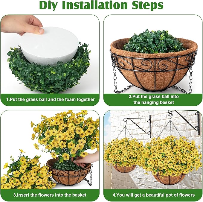 Ouddy Decor Artificial Hanging Flowers with Basket, Fake Hanging Plants with Faux Silk Flowers UV Resistant for Outdoors Indoors Spring Summer Porch Patio Balcony Yard Home Decorations, Yellow