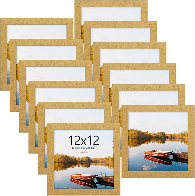 Picrit 12x12 Picture Frame Set of 12, Display 8x8 with Mat or 12 x 12 without Mat, Photo Frames for Wall Mounting Display, Gold