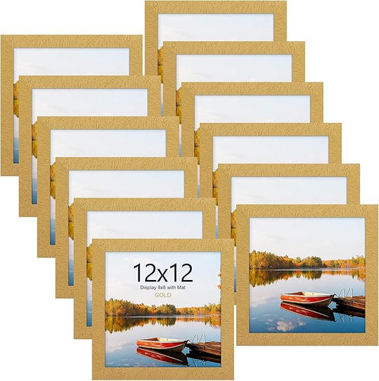 Picrit 12x12 Picture Frame Set of 12, Display 8x8 with Mat or 12 x 12 without Mat, Photo Frames for Wall Mounting Display, Gold