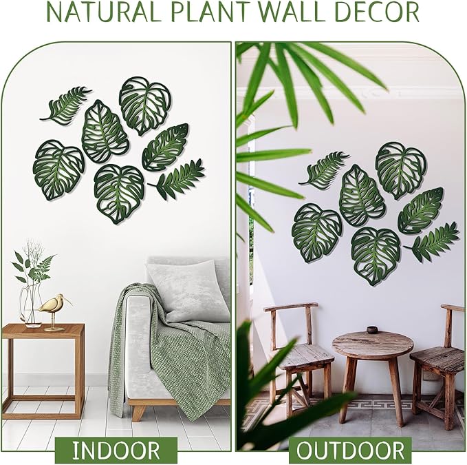 Namalu 7 Pcs Tropical Wall Decor Jungle Monstera Wall Art Boho Palm Leaf Wooden Decoration Tropical Nursery Decor Vintage Natural Monstera Leaf Plaque for Farmhouse Kitchen Bedroom Garden(Green)