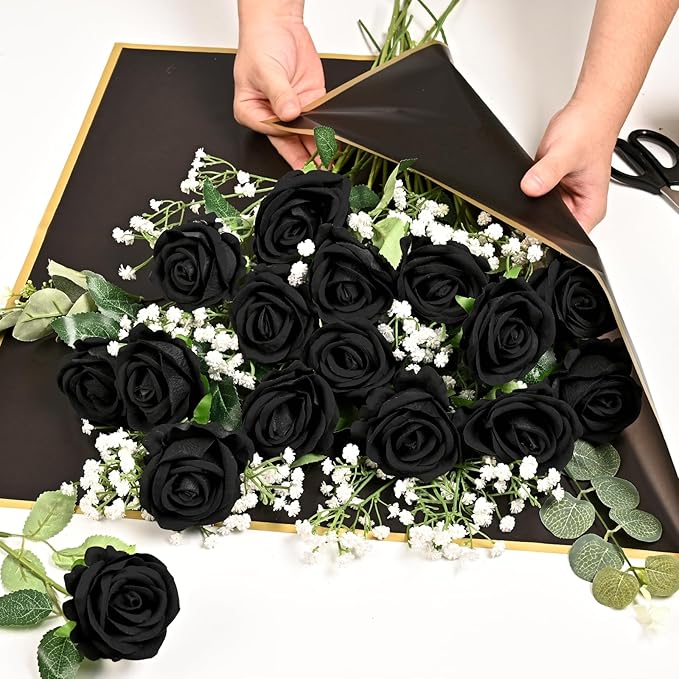 Waipfaru 50 Pcs Black Roses, Fake Roses Artificial Velet Flowers for Valentines Mothers Day Wedding Centerpieces Decor (Black)