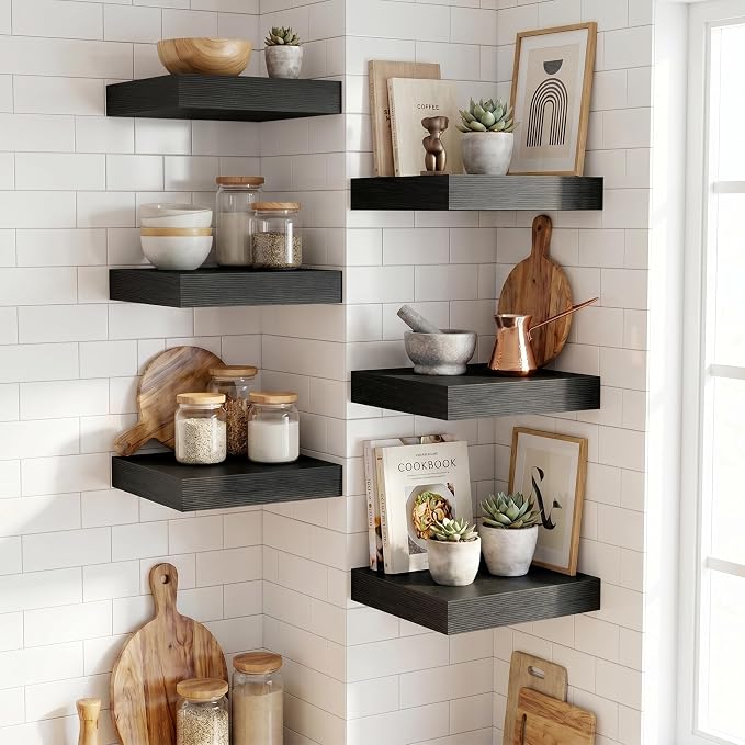 Fun Memories Floating Shelves for Wall 12 Inch, 12 Inch Deep Square Wall Shelves, Bathroom Storage Shelves Over Toilet, Wood Floating Shelves for Living Room Bedroom, Black, Set of 2